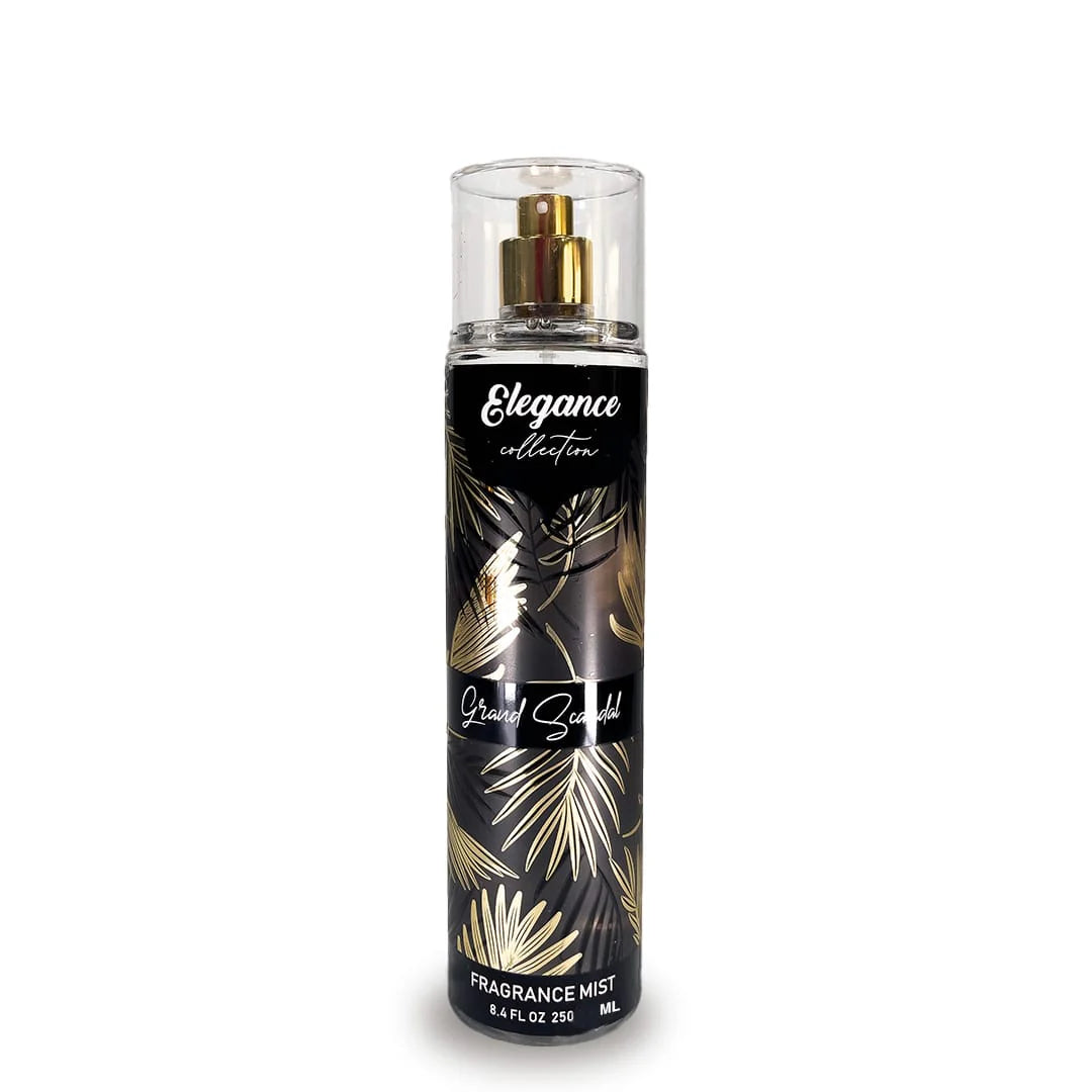 Fragrance mist bottle with black and gold design on a white background