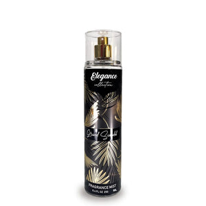 Fragrance mist bottle with black and gold design on a white background
