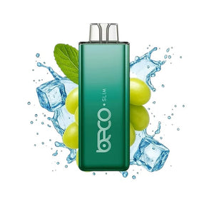 Green vape device with 'Vaporesso' branding surrounded by grapes and ice cubes on a white background