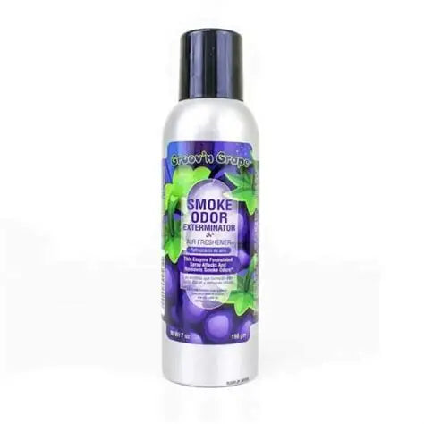Smoke odor exterminator spray bottle with purple label on a white background