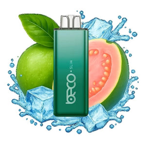 Green vape device with 'Vaporesso' branding surrounded by a green apple, guava, and ice cubes on a white background.