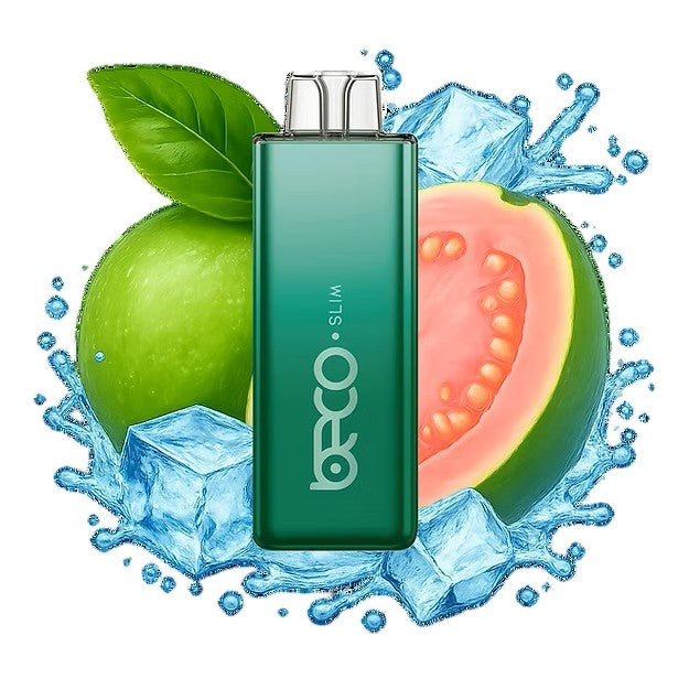 Green vape device with 'Vaporesso' branding surrounded by a green apple, guava, and ice cubes on a white background.