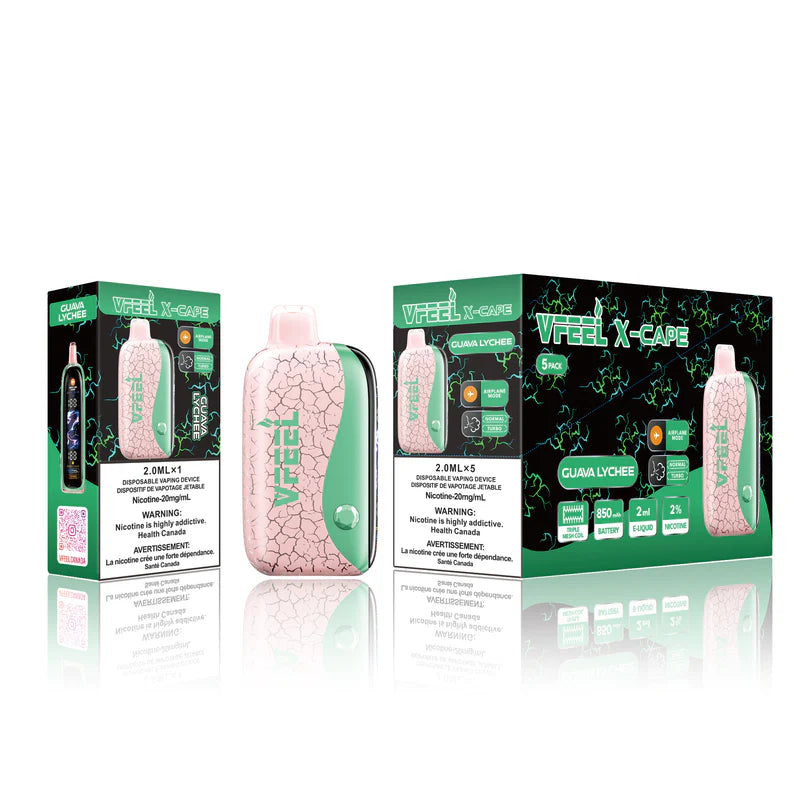 Vfeel X-Cape vape device with pink crumpled texture packaging on a white background