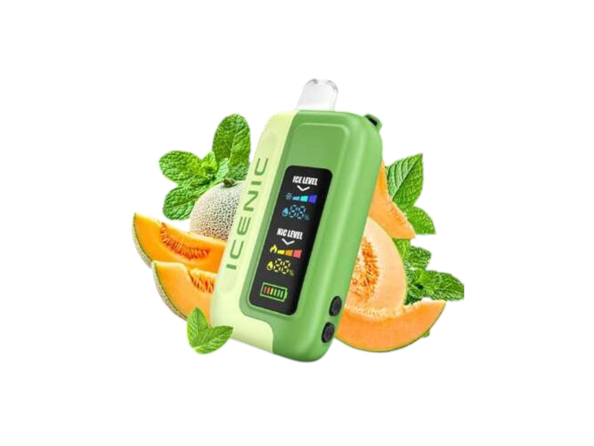 Green electronic device with digital display surrounded by cantaloupe slices and mint leaves on a white background
