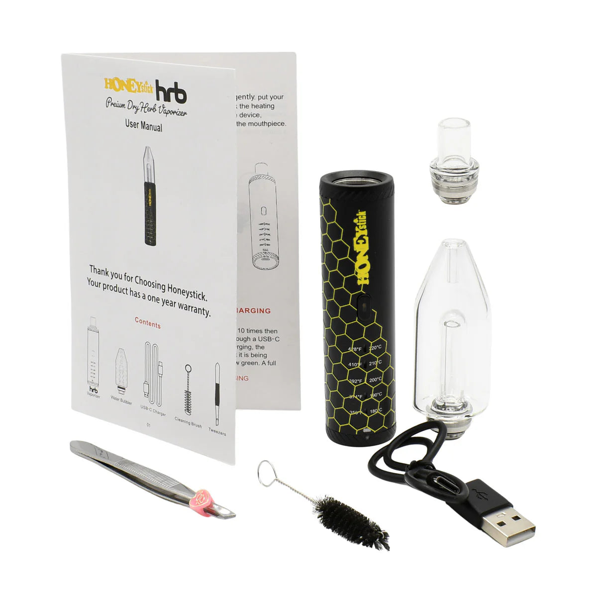 The image shows a dry herb vaporizer pen with a black body and a yellow and orange box with the HONEYstick brand on it. The vaporizer is designed for heating chamber with precision temperature settings.