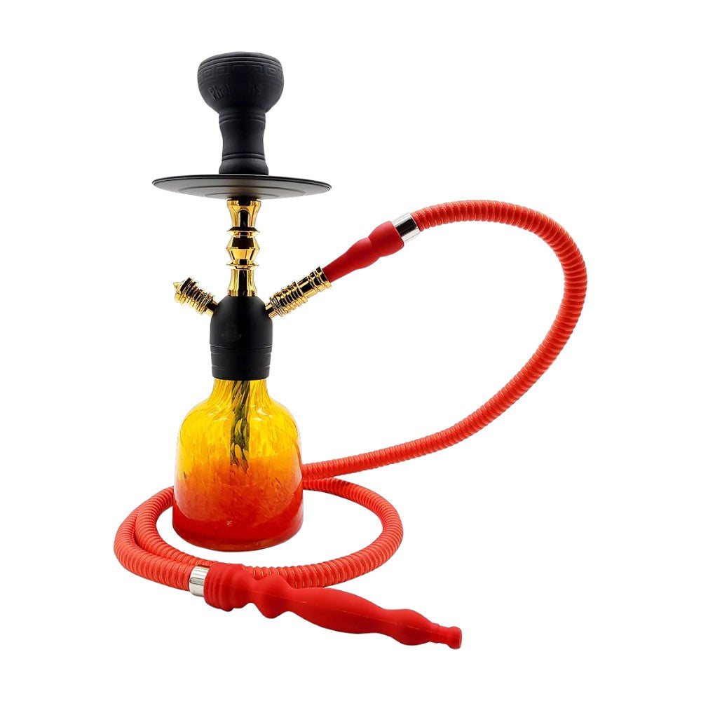 Shisha with orange base and red hose on white background