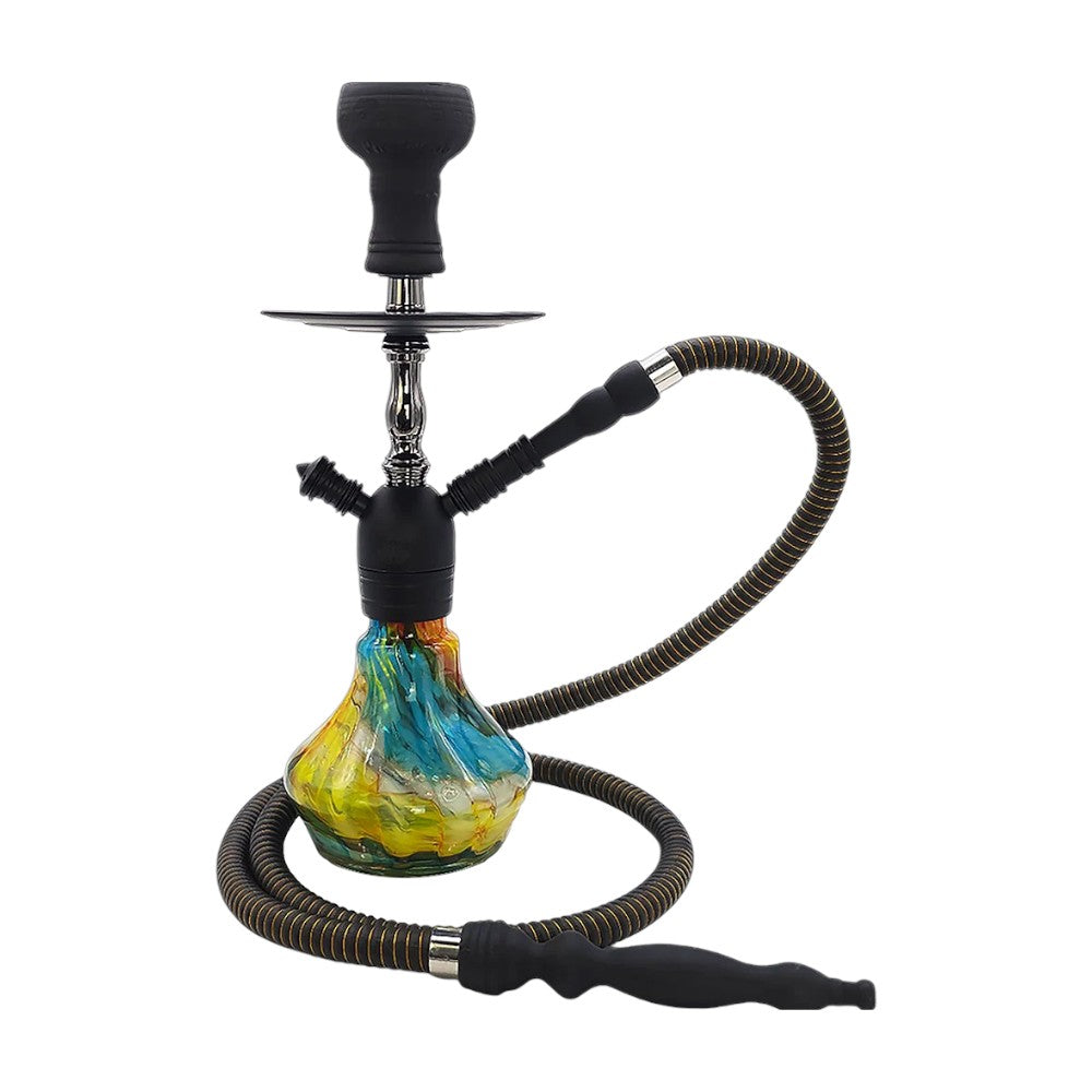 Shisha with colorful base and black hose on white background