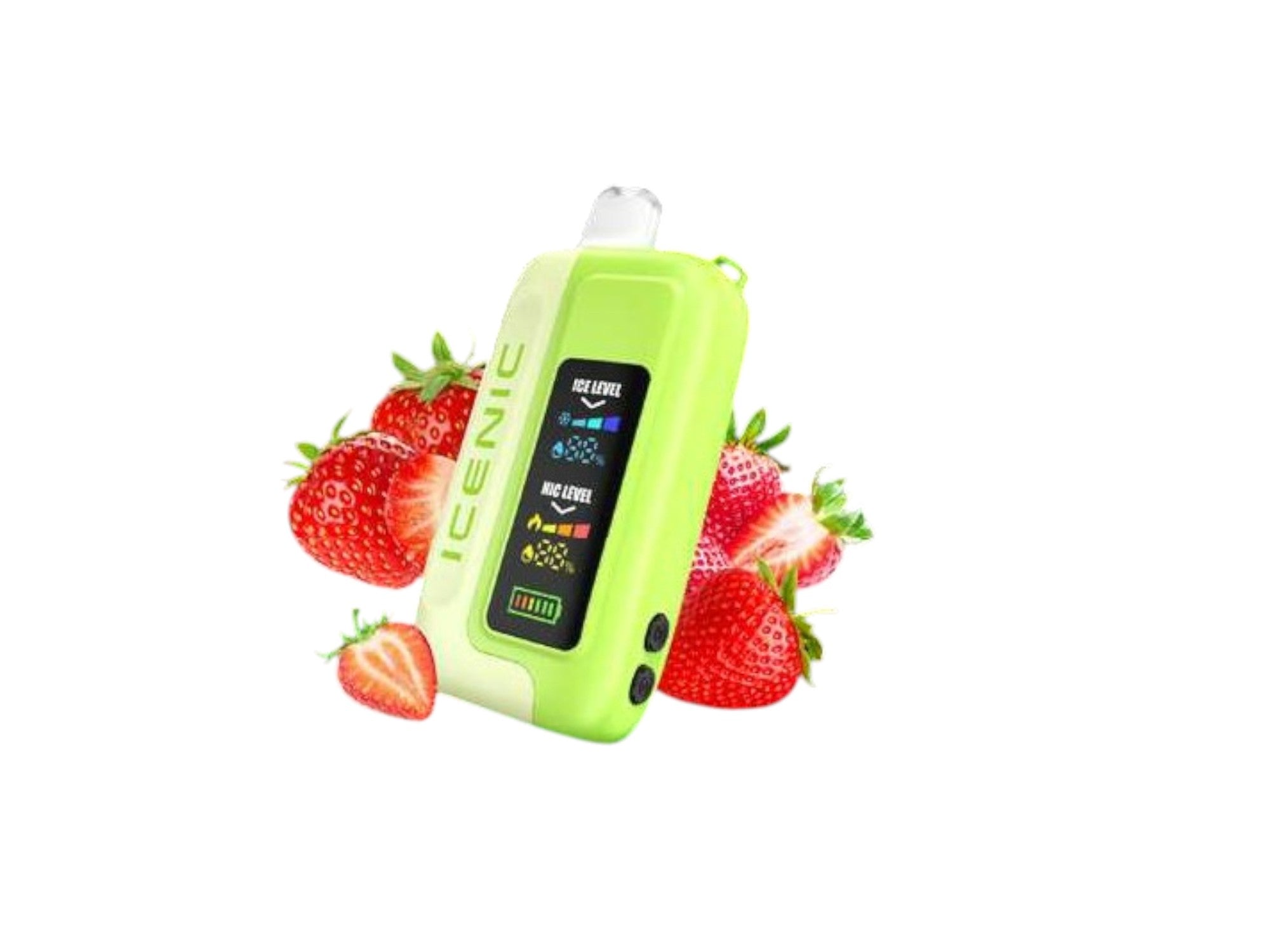 Green electronic device with 'Cenic' branding surrounded by strawberries on a white background