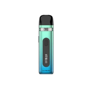 Vape device with a turquoise body and black accents on a white background