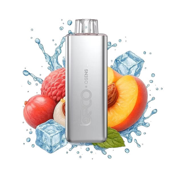 Silver vape device with ice cubes and fruits on a white background