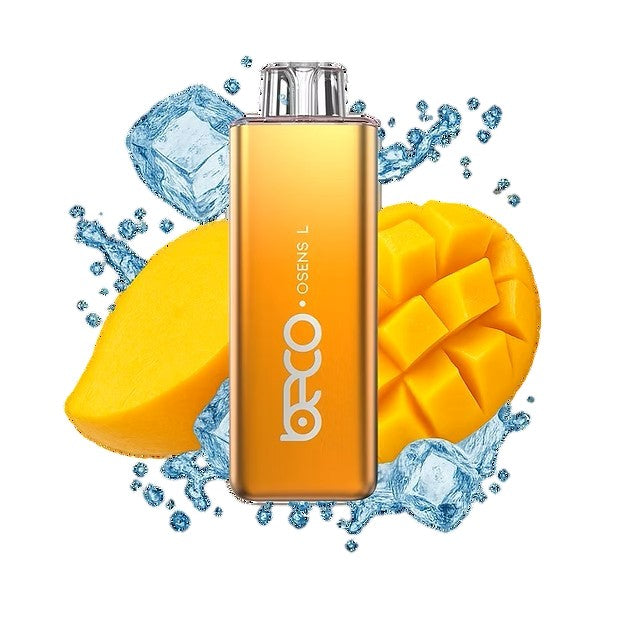 ORCO skincare product with mango and ice cubes on a white background