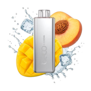 Silver vape device with mango and peach slices and ice cubes on a white background
