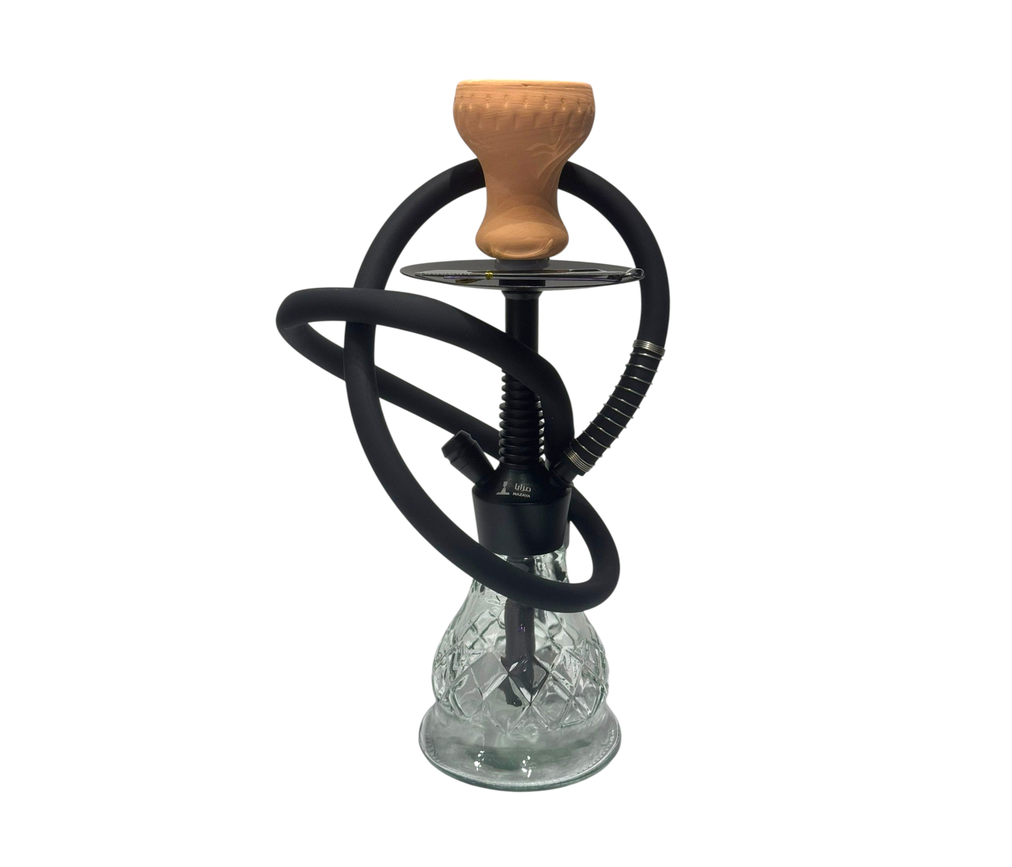 Hookah with glass base and wooden top on a white background