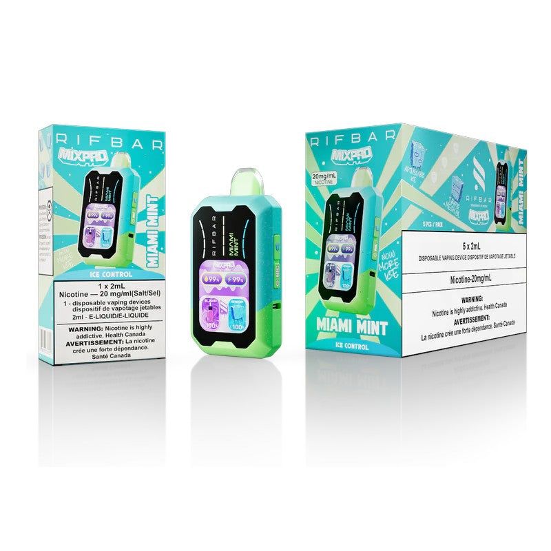 Rifbar vape device with Miami Mint flavor packaging on a white background