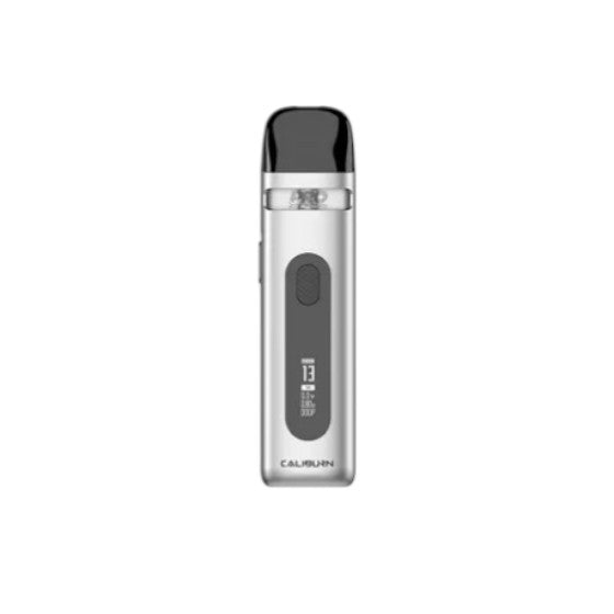 Silver vape device with black top on a white background