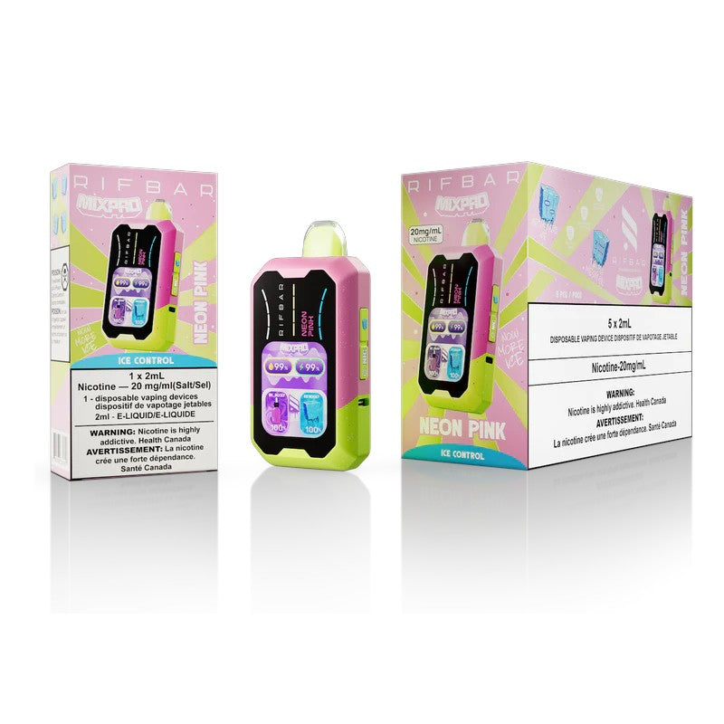 Neon pink vape device with packaging on a white background
