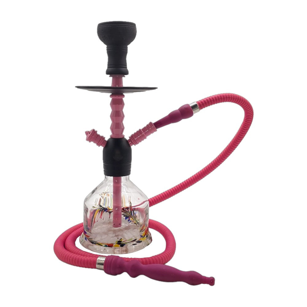 Pink and black hookah with glass base on white background