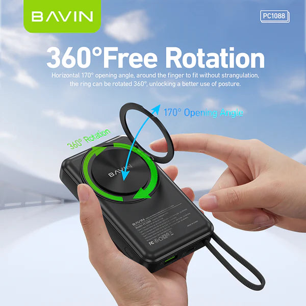 Bavin product with 360-degree rotation feature held by a hand against a sky background