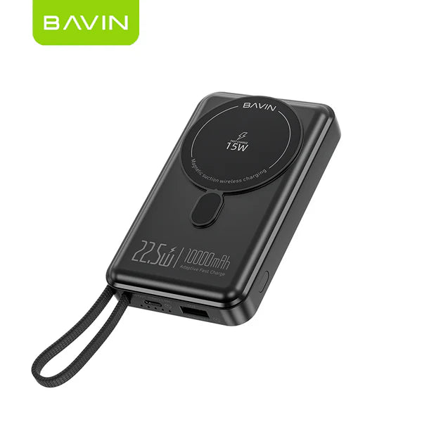 Black Bavin power bank with wireless charging pad on a white background