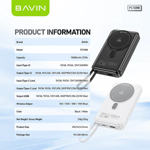 Bavin power bank with product information on a white background