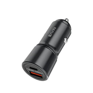 Black car charger with BANV branding on a white background