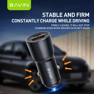 Bavin car charger with text highlighting stability and firmness while driving, set against a blurred car background.