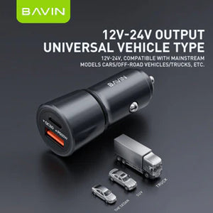 Bavin car charger with 12V-24V output on a dark background