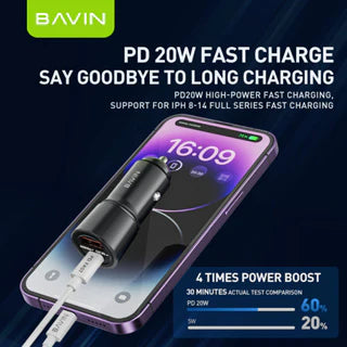 Bavin PD 20W fast charging adapter with smartphone on a dark background