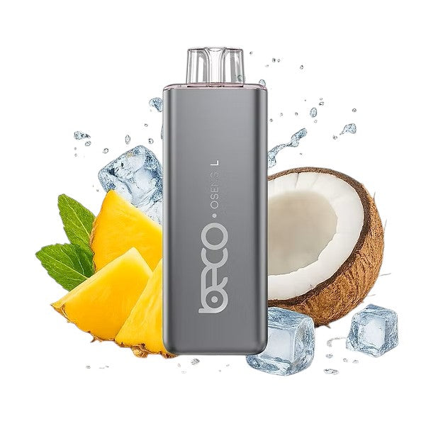 Gray vape device with 'ORCO' branding surrounded by pineapple, coconut, and ice cubes on a white background