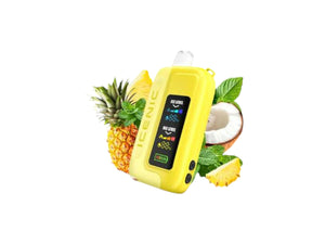 Yellow vape device with pineapple, coconut, and leaves on a white background