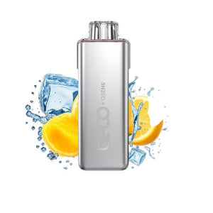 Silver vape device with ice cubes and orange slices on a white background