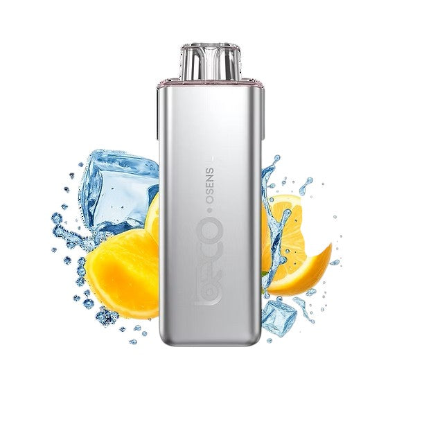 Silver vape device with ice cubes and orange slices on a white background