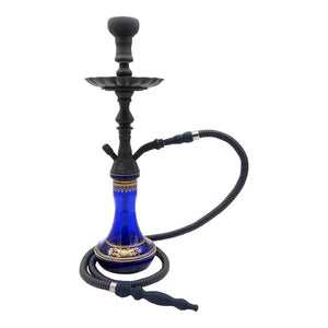 A medium-sized hookah with a blue base, black stem, and a gold pharaoh design. It includes a hose and a bowl for smoking.