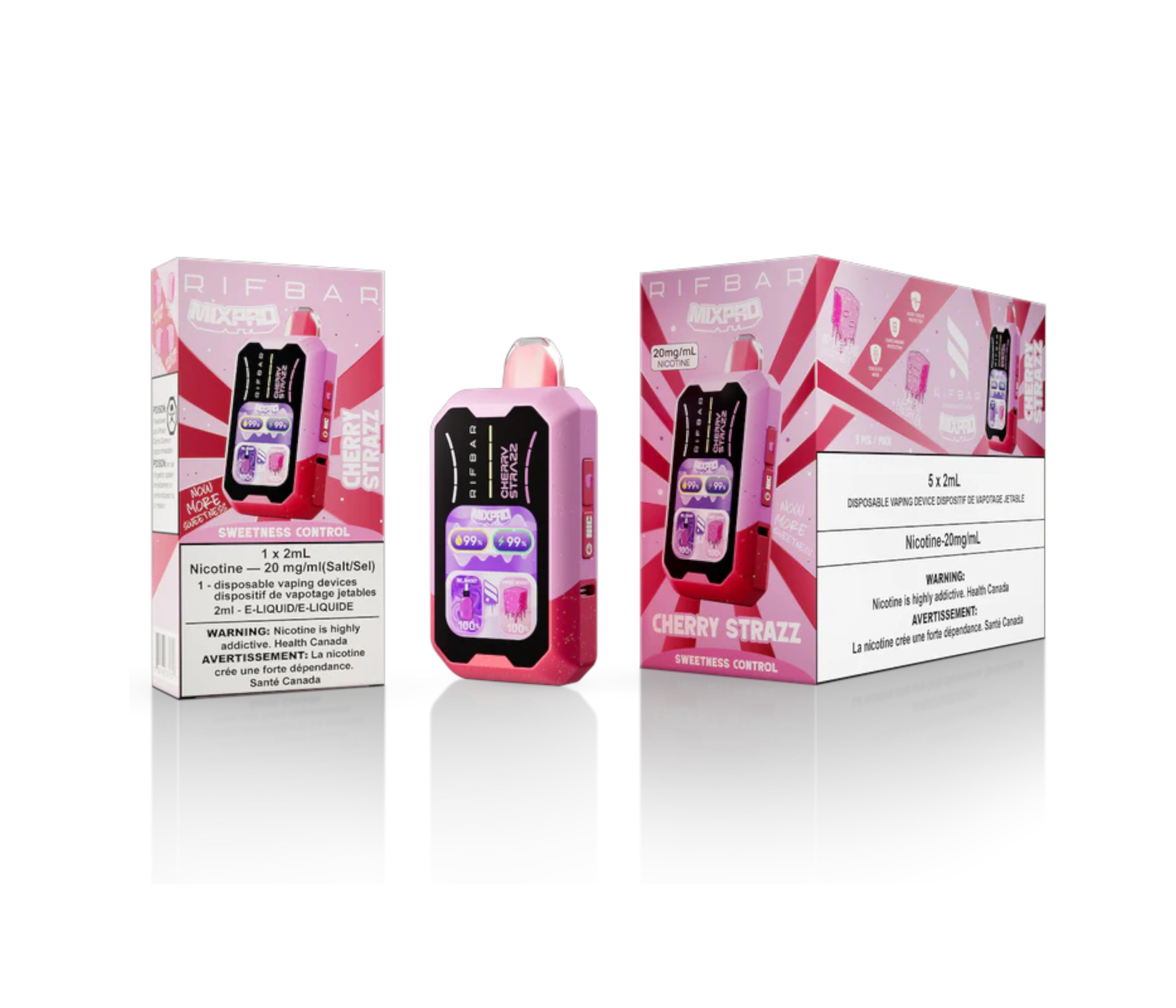 Pink vape device with packaging on a white background