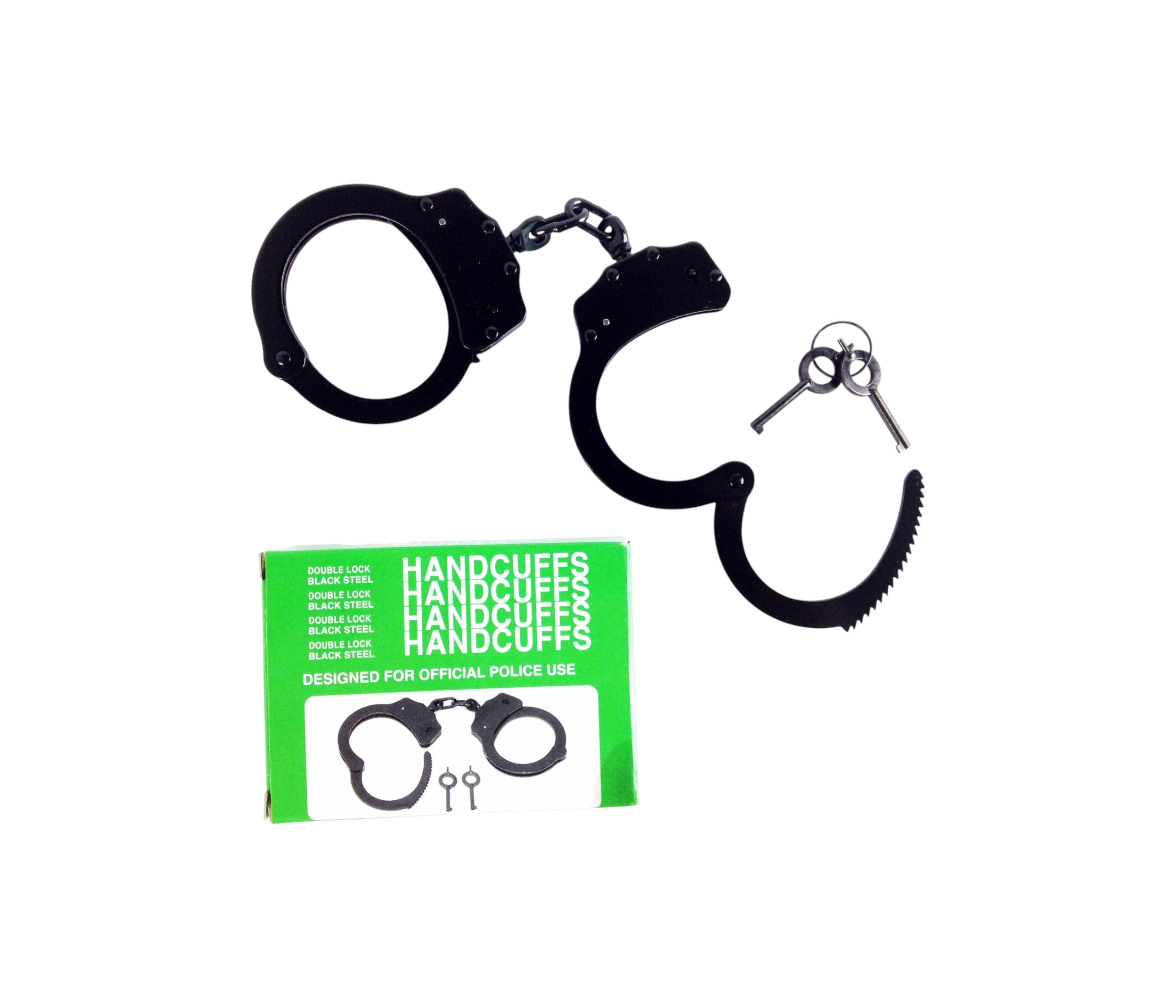 Black handcuffs with keys on a white background