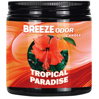 Breeze Odor Candle container with tropical design and 'Tropical Paradise' text