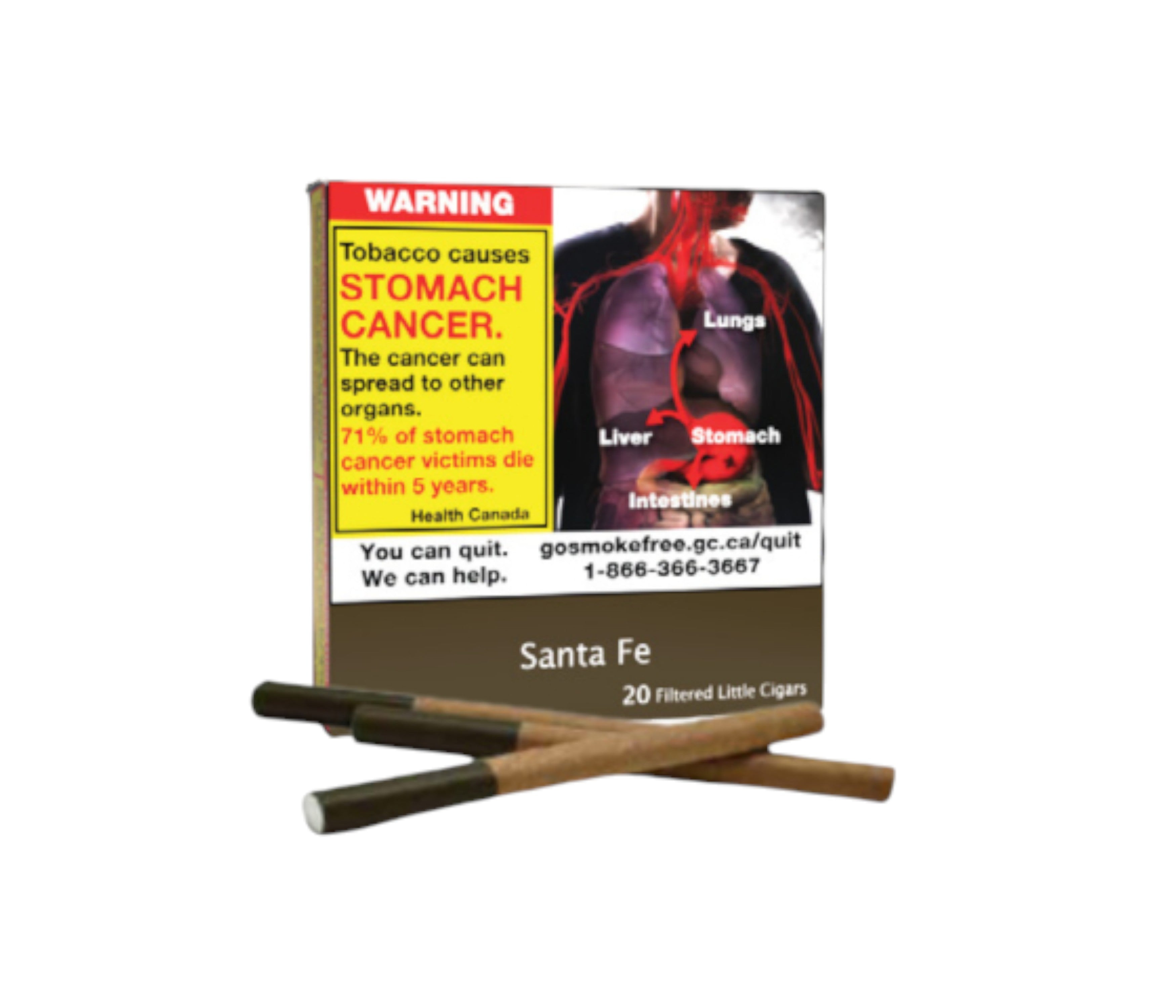 Cigarette pack with health warning label and cigarettes on a white background
