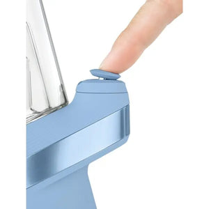 A blue and clear electronic vaporizer with a conical mouthpiece and a side-mounted control joystick