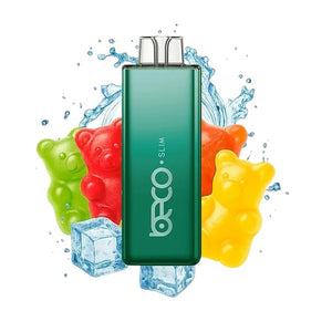Green vape device with 'Vaporesso' branding surrounded by colorful gummy bears and ice cubes on a white background