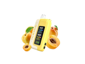 Yellow electronic device with digital display surrounded by apricots on a white background