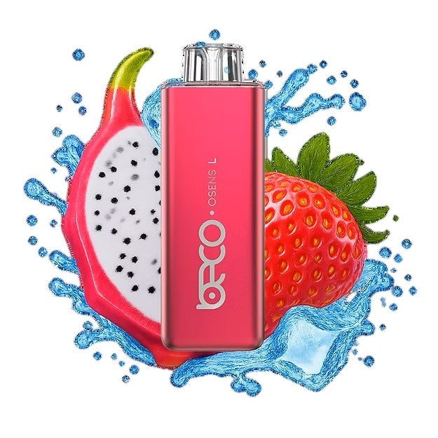 Pink vape device with dragon fruit and strawberry graphics on a white background
