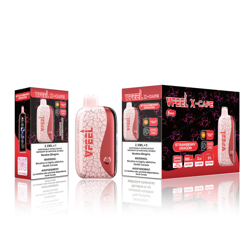 Vape device with strawberry flavor packaging on a white background