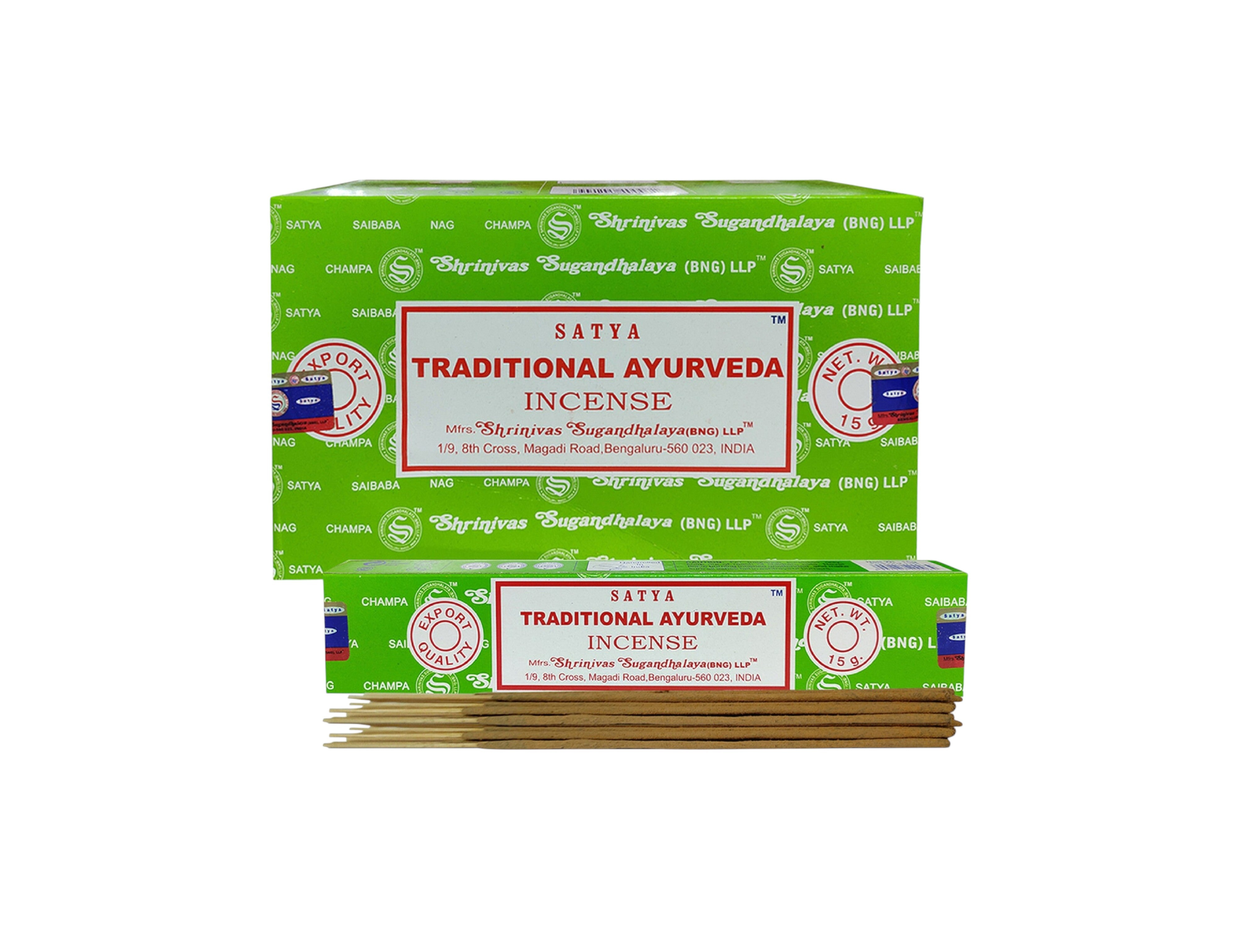 Two boxes of Satya Traditional Ayurveda Incense on a white background