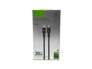 Packaging of a charging cable with USB-C and Lightning connectors on a white background