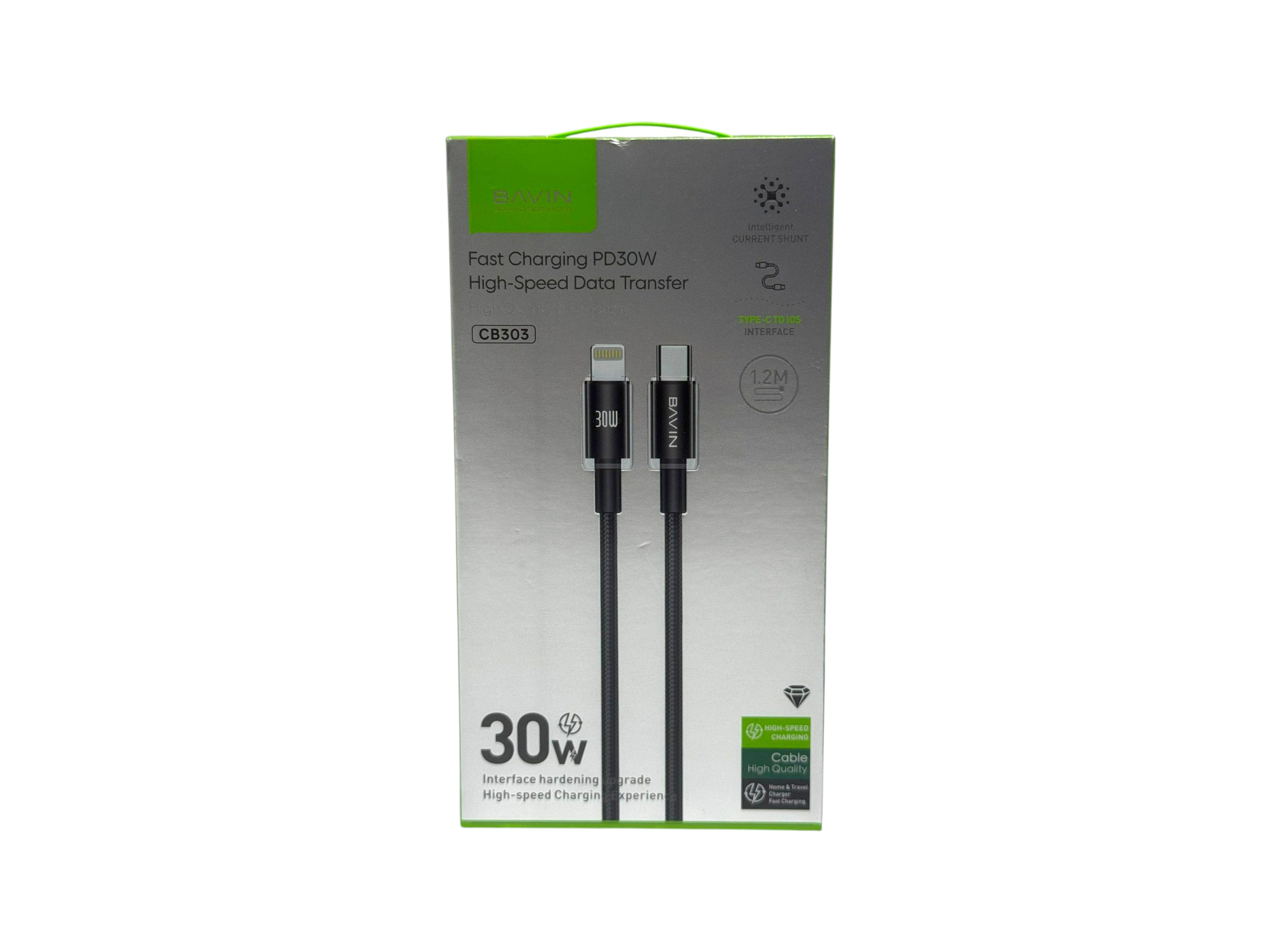 Packaging of a charging cable with USB-C and Lightning connectors on a white background