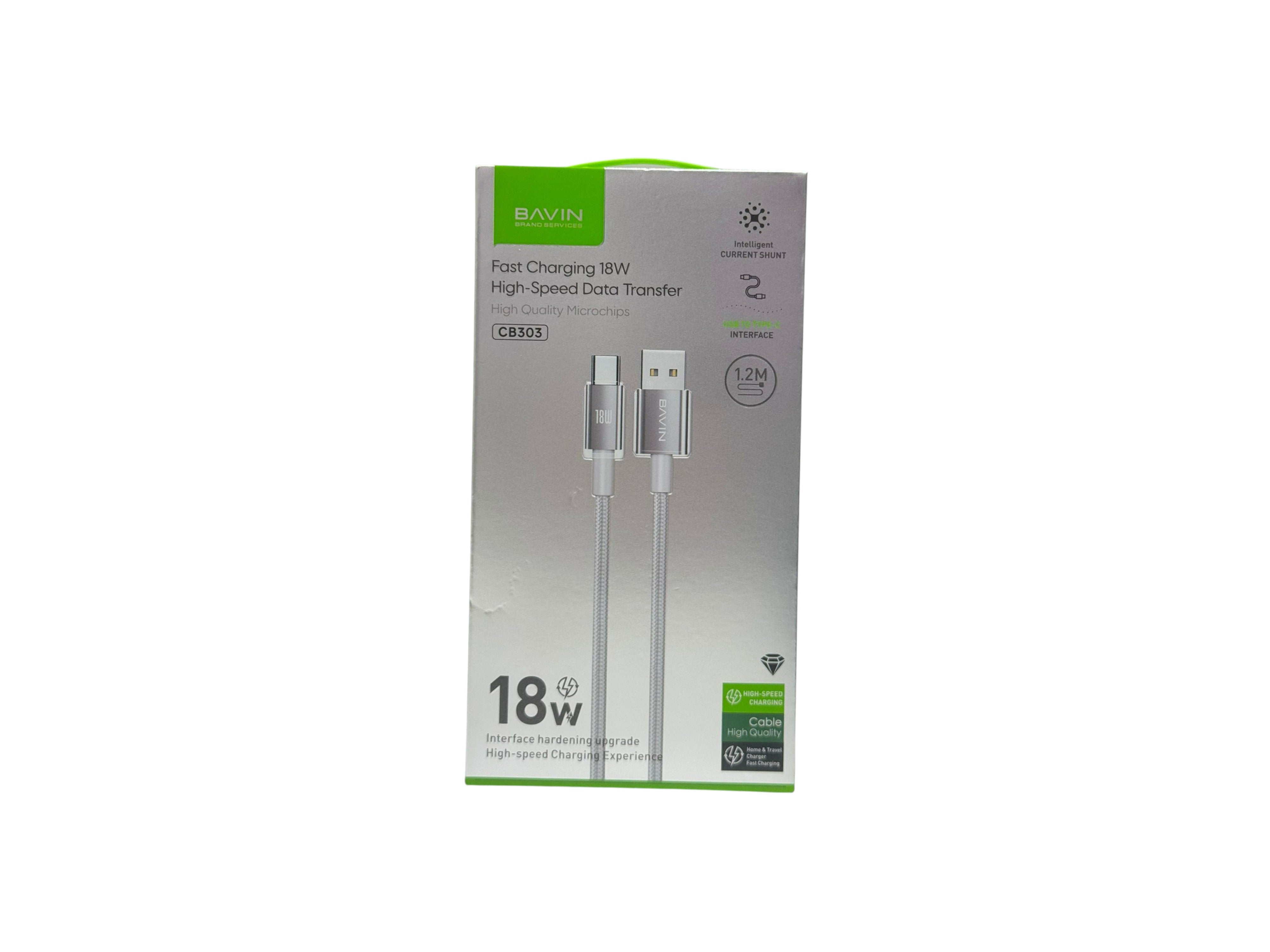 USB cable packaging with '18W' and 'Fast Charging' text on a white background