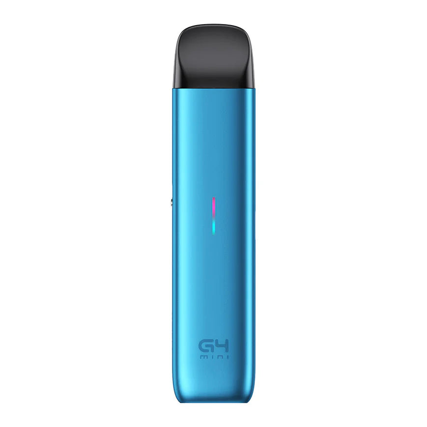 Blue vape device with black top on a white background