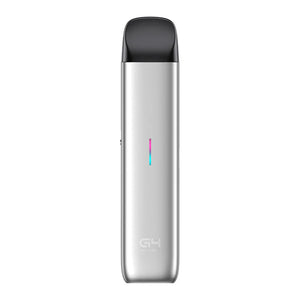 Silver vape device with black top on a white background