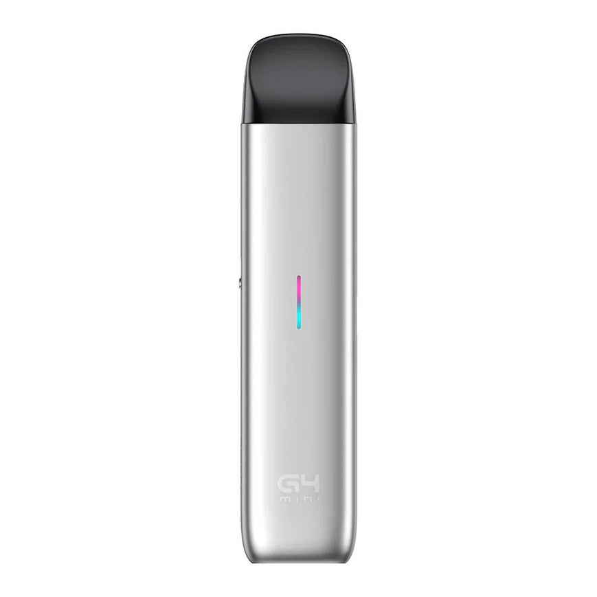 Silver vape device with black top on a white background