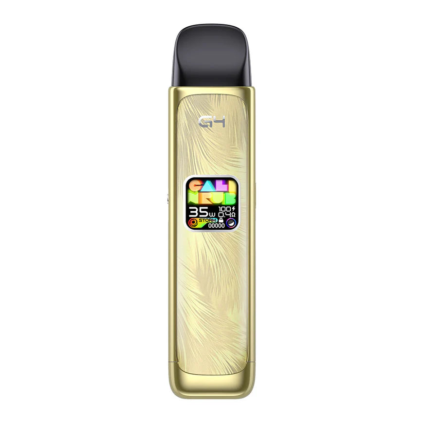 Gold vape device with digital display on a white background